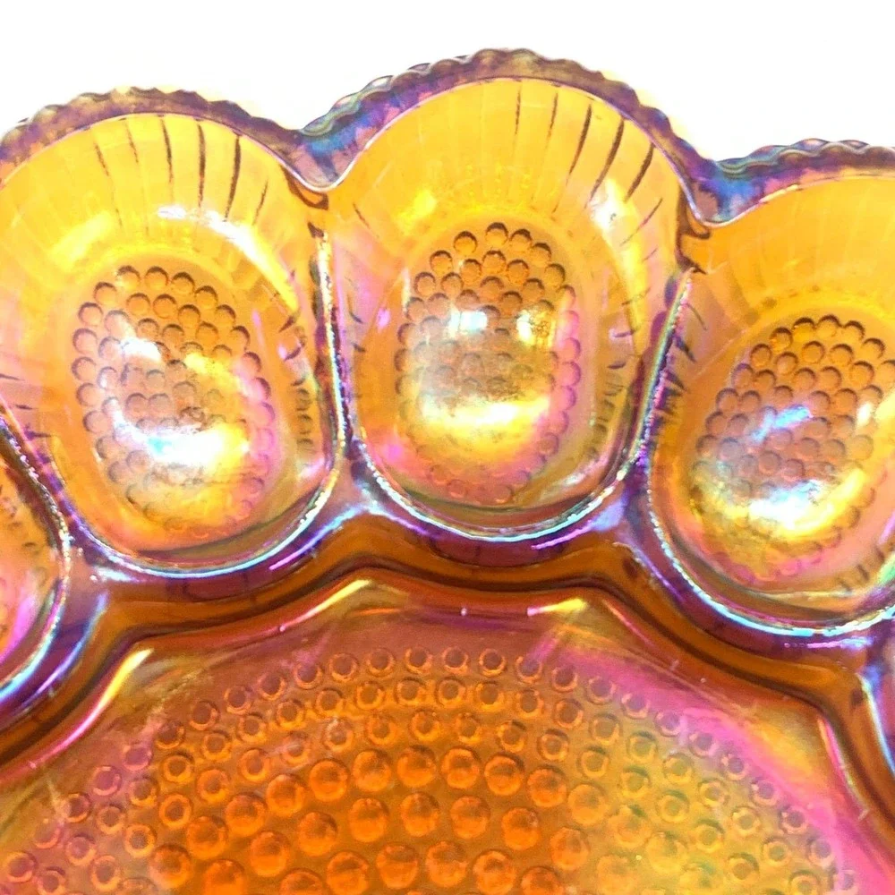 Indiana Glass Marigold Carnival Glass Deviled Egg Plate Relish Tray Hobnail 1213